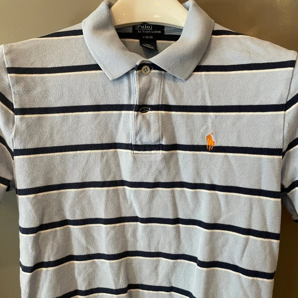 Polo Ralph Lauren Boys Light Blue Navy Striped Polo Shirt L 14-16 Orange Pony